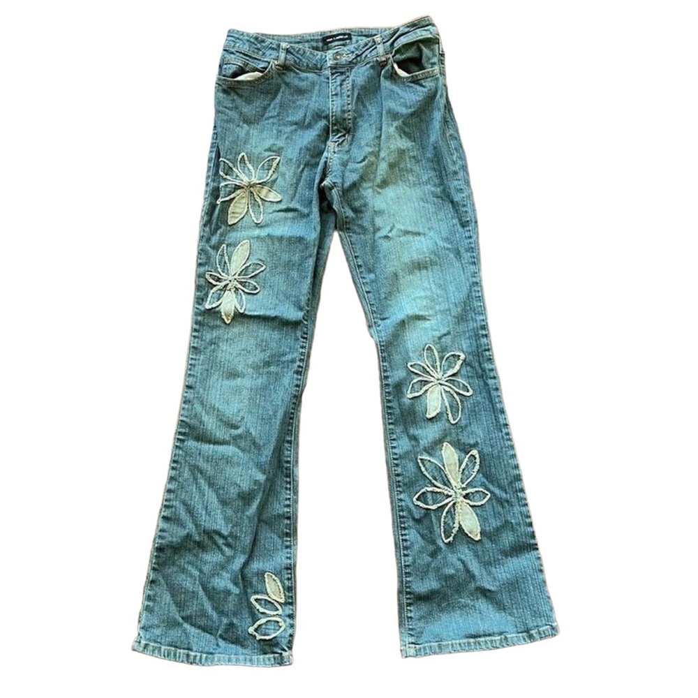 Distressed floral denim jeans